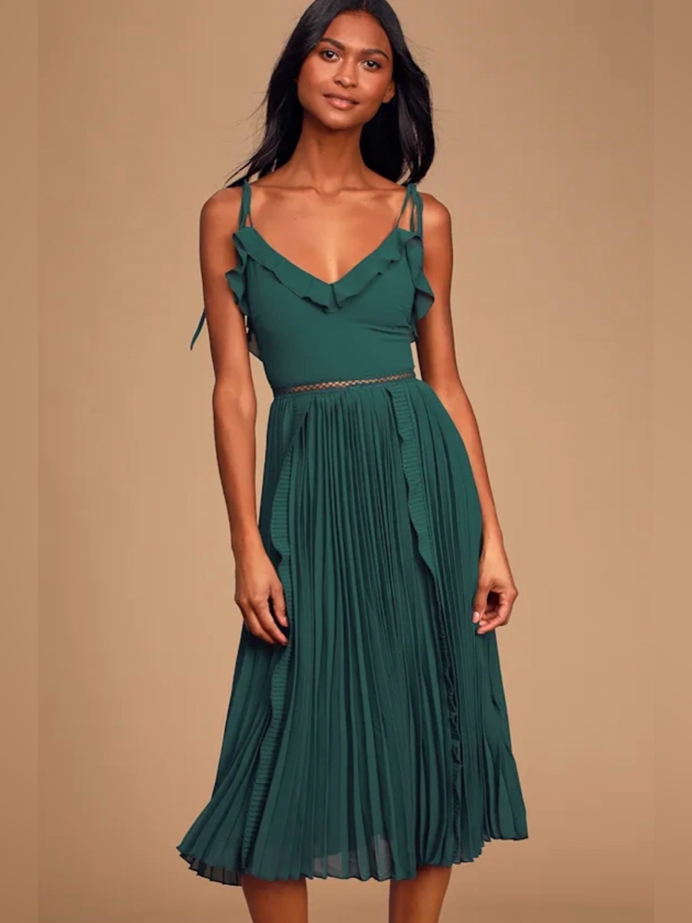 Never a Dull Moment Navy Tie-Strap Pleated Midi Dress in Emerald